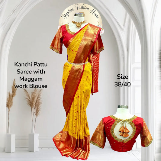 This stunning Kanchi Pattu Saree in vibrant yellow with a rich red border is paired with a Maggam work blouse that steals the spotlight with its intricate craftsmanship. Available in size 40 upto 42.