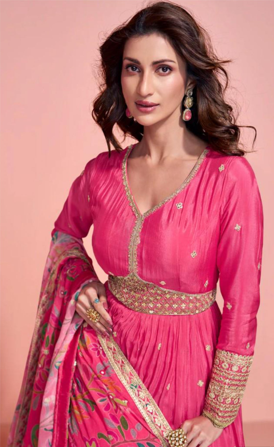 Gorgeous wedding Partywear Anarkali chinon Silk Gown with embroidery and kalamkari floral dupatta with border size XL 42 long gown