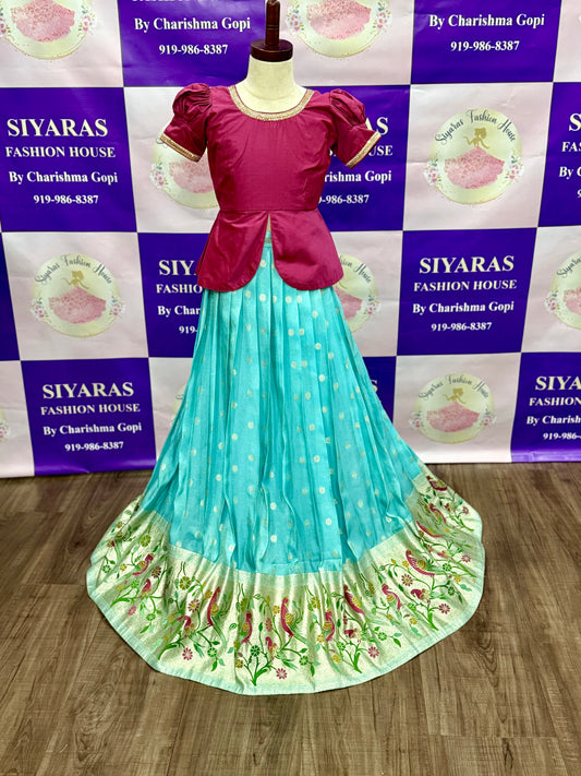 Kids Pattu Pavada/ tradition lehenga with peplum top. Fits size 28 to 30. Skirt length 37 upto 41