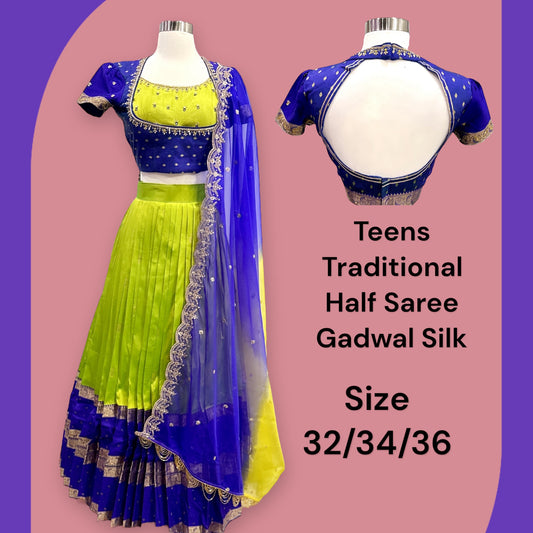 Trendy Lime and Blue combo Gadwal Silk Half saree for teens/adults with work blouse Half Saree. Size 38/40/42