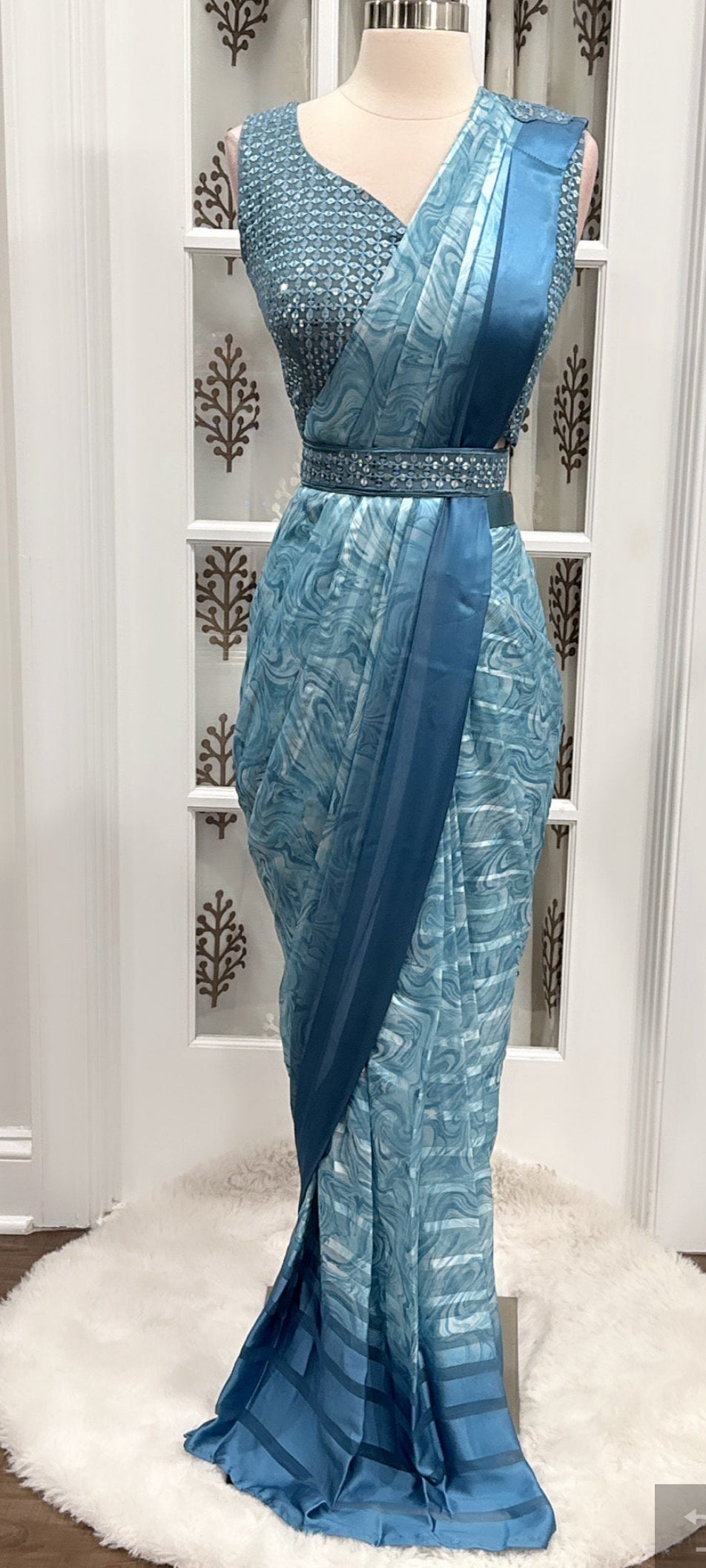 Blue Color Ready to wear Saree in Satin Silk with Printed Sequence Ready Blouse Easy to wear prepleated saree for Party/Wedding. Size 36/38.