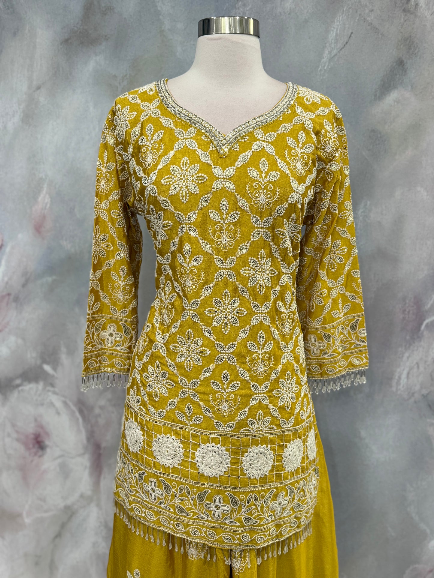 Beautiful yellow Haldi Sharara set with sequence work and bead embellishments size 44 wedding outfit chinon fabric