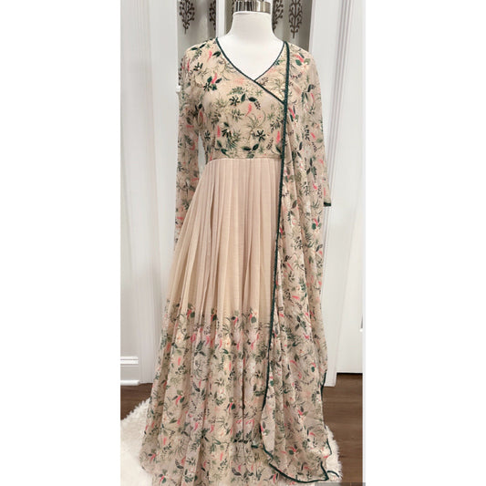 Gorgeous chiku color Chiffon Anarkali gown digital print Angrakha style 3 pc set Indian wedding outfit  XL 42 on hand