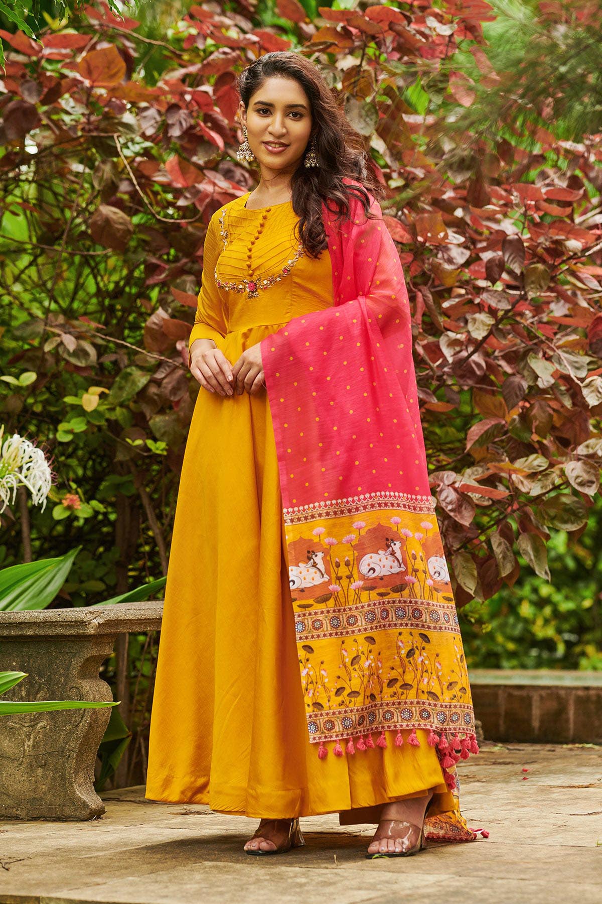 Beautiful 2pc yellow Haldi hand work Anarkali gownsuit Set with pichwai dupatta and matching pant Size small 36 Ready to ship USA