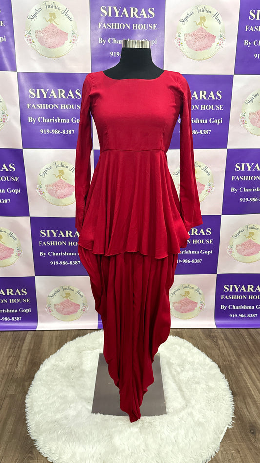 Elegant Maroon Red Dhoti Style Dress with peplum top and Kalamkari Jacket
