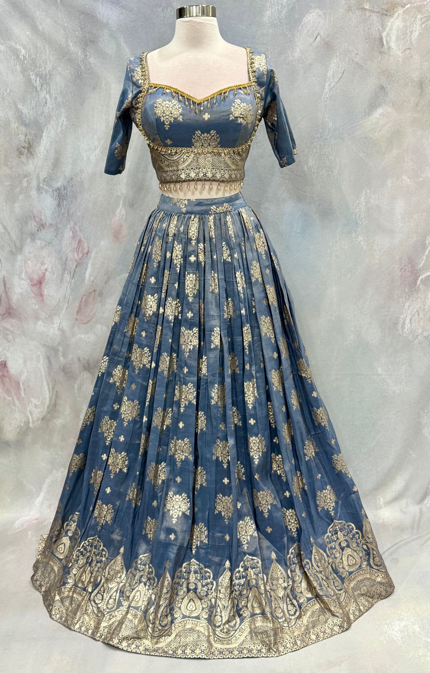 😍Steal the spotlight in this breathtaking blue wedding & partywear lehenga, adorned with intricate golden zari work. Timeless elegance crafted for your special moments😍. Fits size 40 to 42