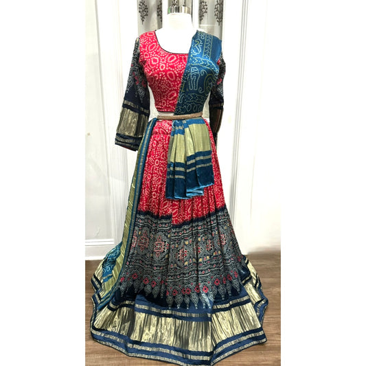 Navratri Chaniya Choli pure gajji silk Lehanga with Bandhiji print for garbha navratri dandiya dress free ship from NC. Size 38