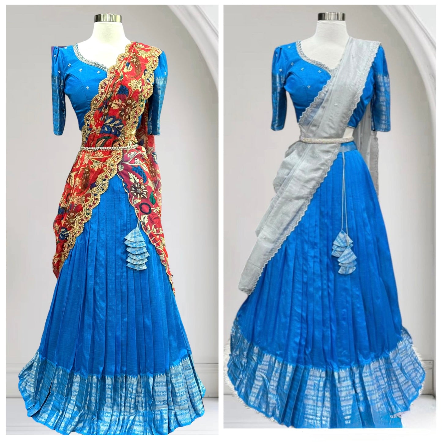 Beautiful Lavender Customized Mangalagiri half sarees with intricate Maggam work blouses and dreamy tissue or Kalamkari Dupatta. Size available is 38/40/42