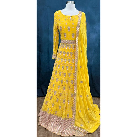 Soft hues, regal charm and magic in yellow. Available in Size 42. Step into royal vibes with this gorgeous georgette long gown & dupatta.