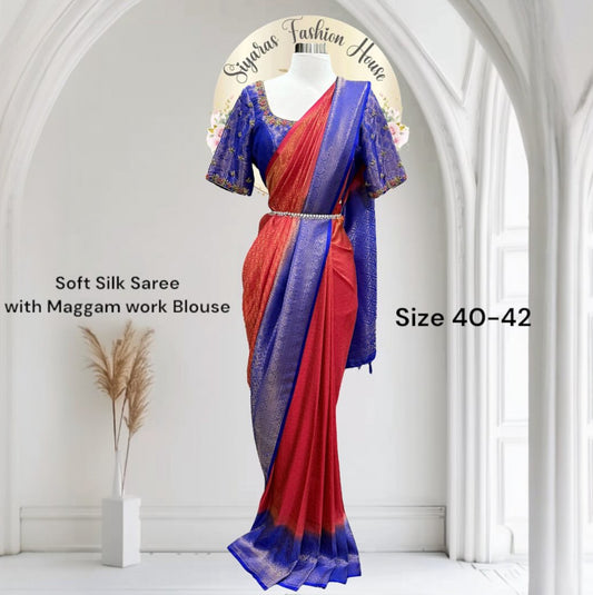 This stunning Soft Silk Saree paired with a royal Maggam work blouse. The rich hues of red and blue blend beautifully, making it perfect for weddings, festive vibes. Available in size 40 - 42.