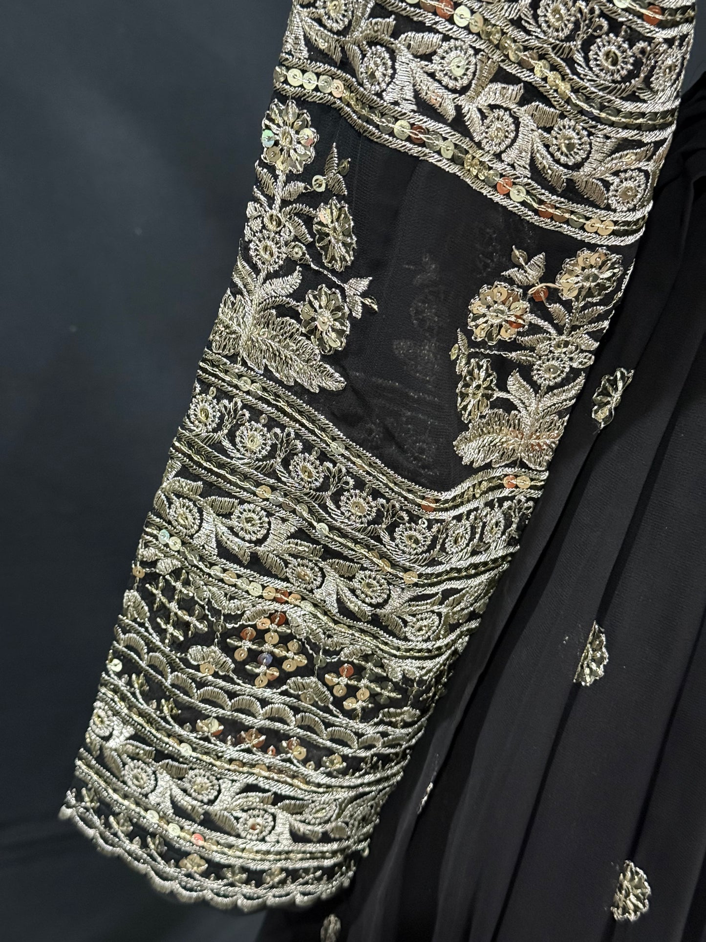 Elegant Black Embroidered Anarkali Suit with Floral Dupatta. Available in size 40.