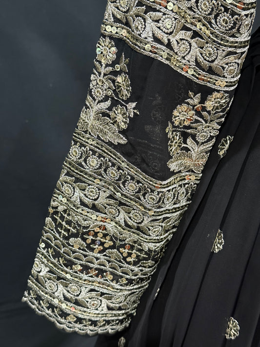 Elegant Black Embroidered Anarkali Suit with Floral Dupatta. Available in size 40.