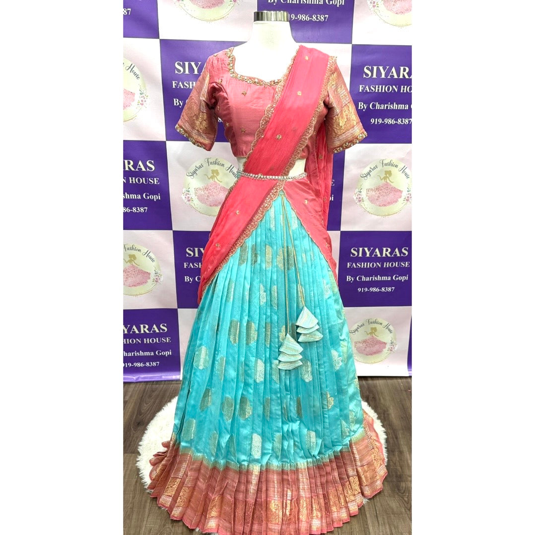 Dripping heritage in our Pure Raw Mango Silk Customized Half saree with Maggam work/ hand work😍. Available in size 36, 38 to 42.