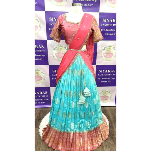 Dripping heritage in our Pure Raw Mango Silk Customized Half saree with Maggam work/ hand work😍. Available in size 36, 38 to 42.