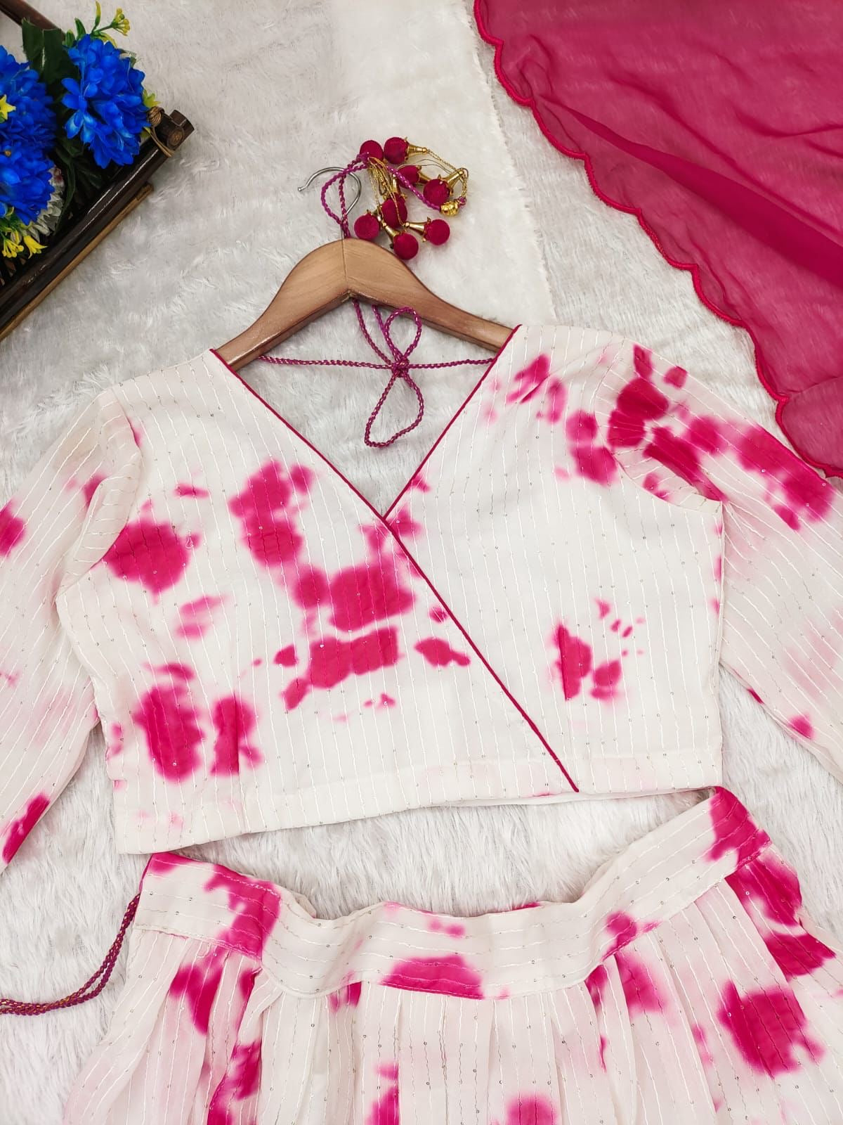 Elegant Pink Tye and Dye Georgette fabric with sequence weave lehanga choli Busget friendly price fully stitched