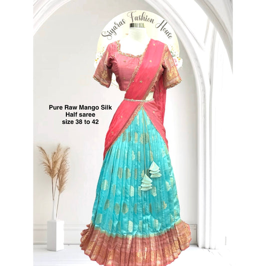 Dripping heritage in our Pure Raw Mango Silk Customized Half saree with Maggam work/ hand work😍. Available in size 36, 38 to 42.