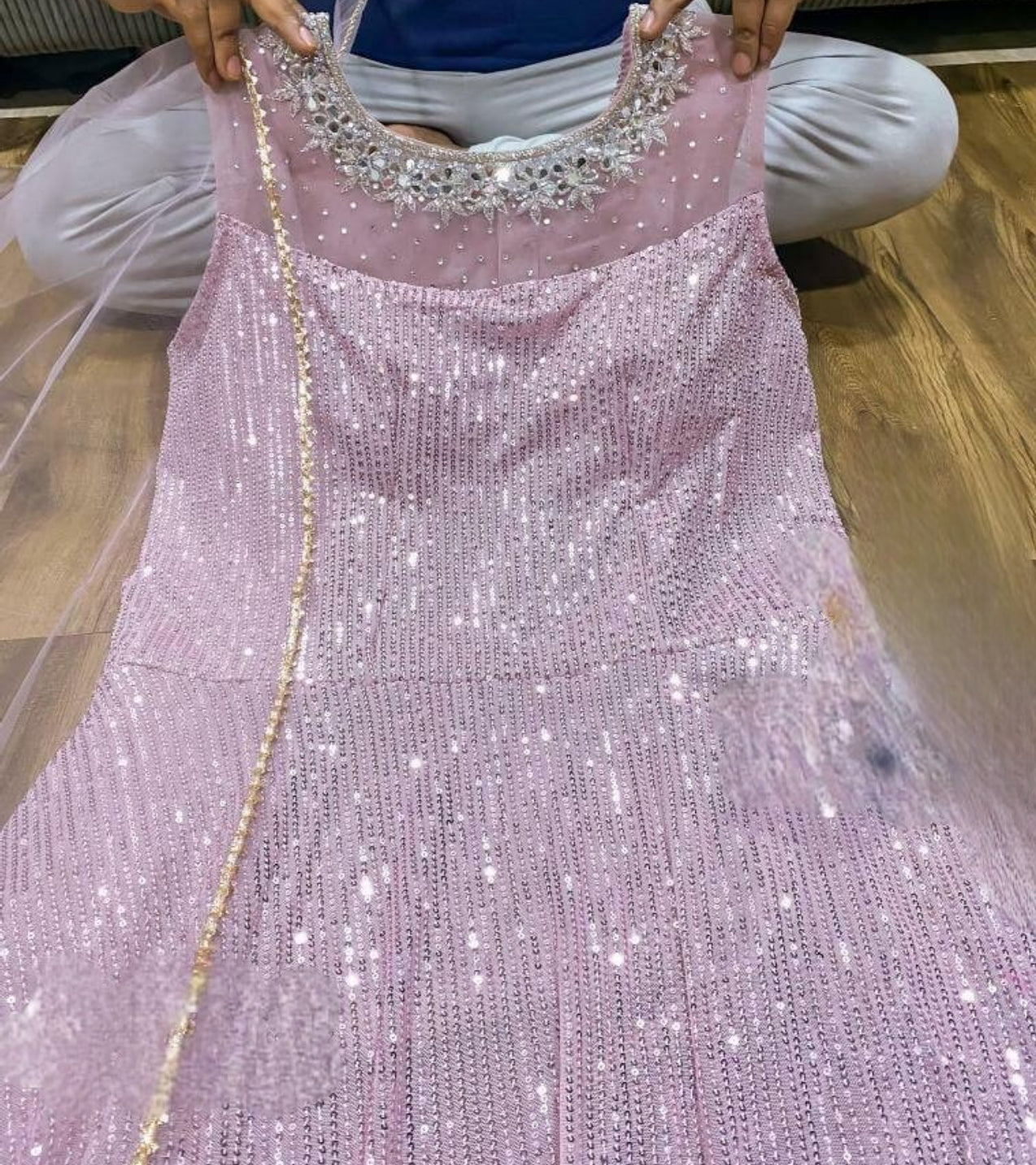 Premium pink sequence long party Gown With All Over work on neck and Dupatta included size 40