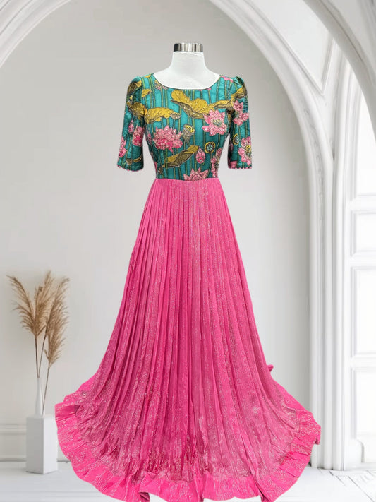 Georgette Kalamkari long gown Partywear with hand work on the yoke. Available in size small 36