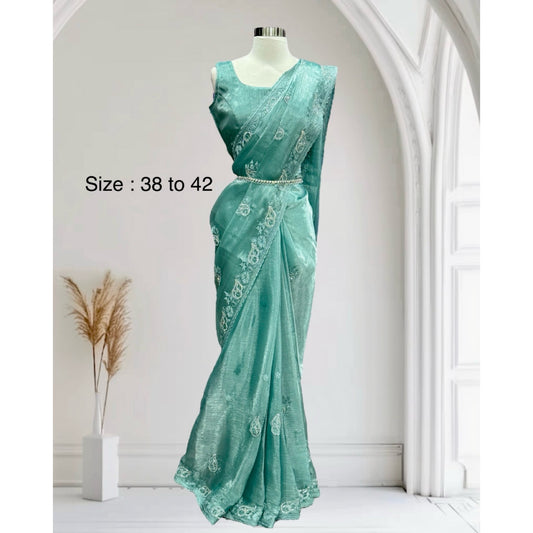 Beautiful sky blue chiffon saree perfect for partywear. Available in size 38 and can be extended upto 42