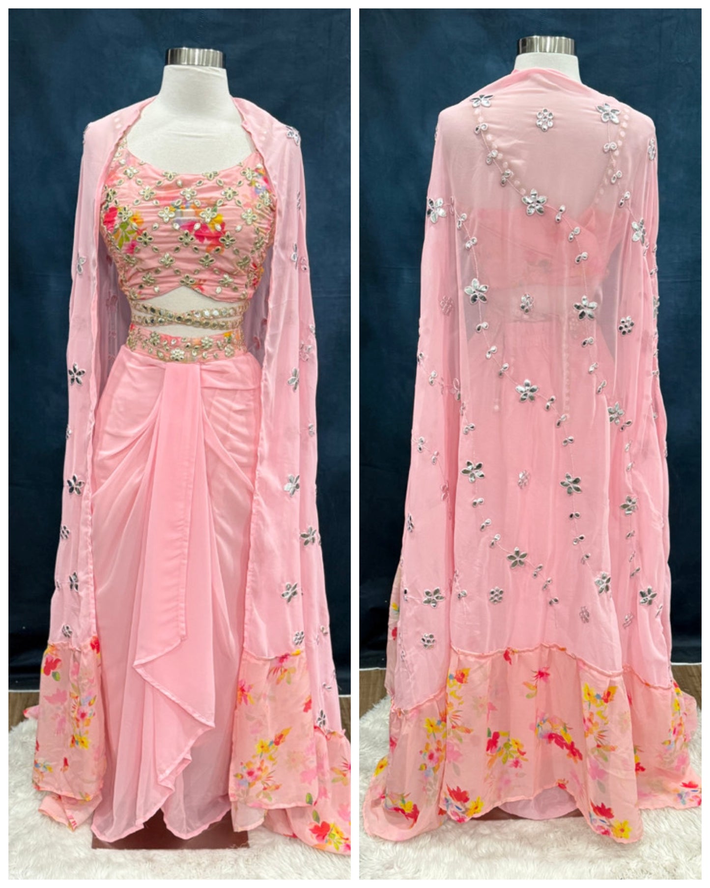 Elegant Pink Indo-Western Crop Top Set | Embroidered Partywear Dress | Drape Skirt Outfit | Size 38 | Ready to Ship from USA