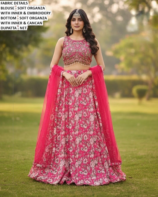 Beautiful Floral Pink organza Lehanga embroidered mirror work blouse perfect for partywear. Available in size 40 fully stiched ready