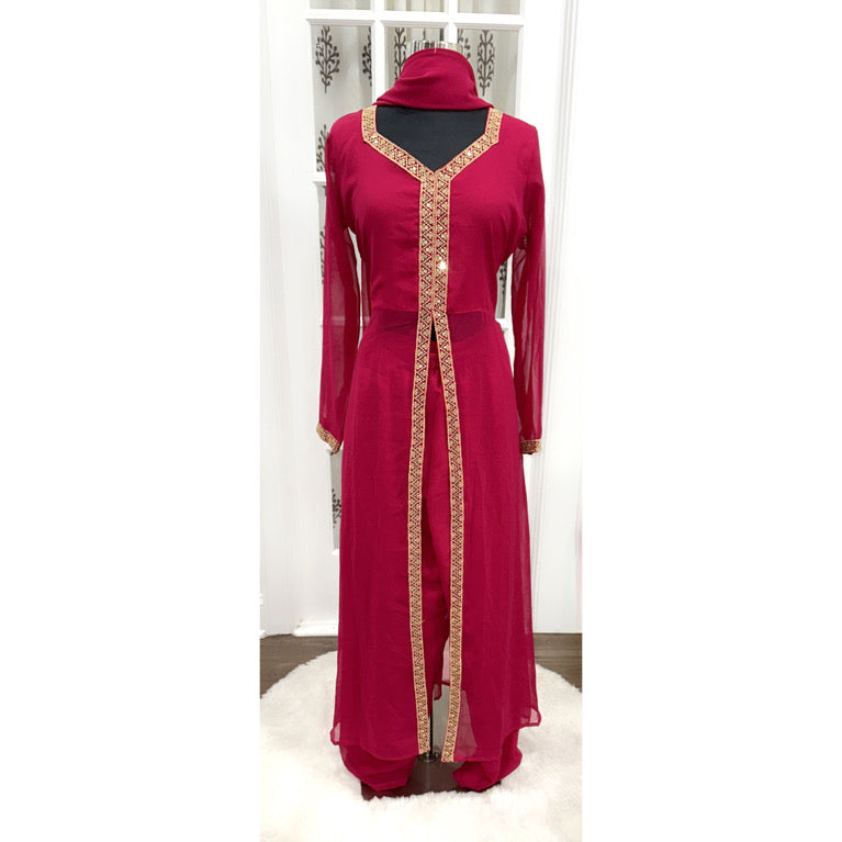Beautiful pinkish maroon 3pc Kurti suit with front open sequence border stylish Partywear dresss size 40