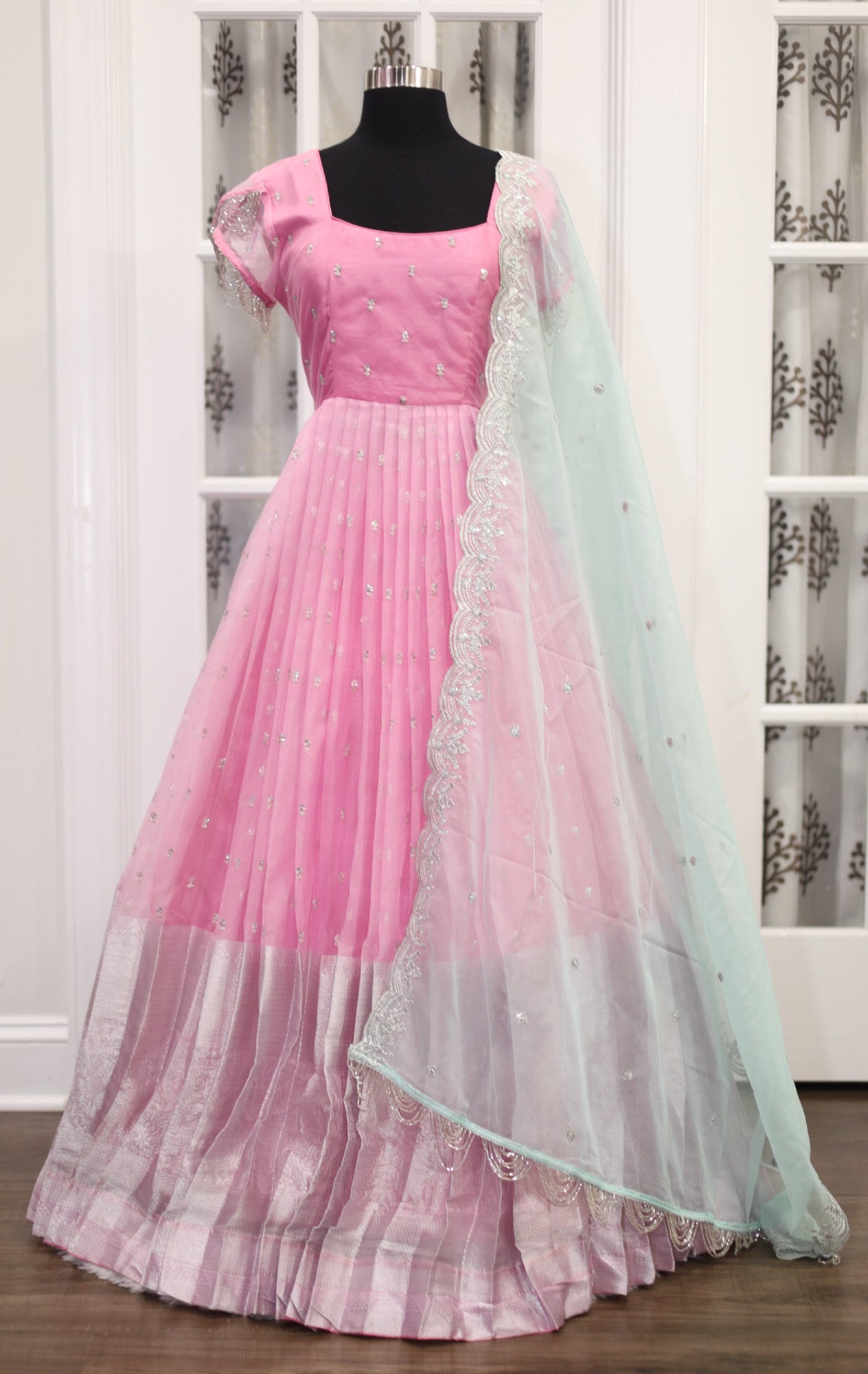 Beautiful Pink Organza Silk Long gown with sequence emplaned hand embellishments with organza Dupatta. Size XXL 44 is available
