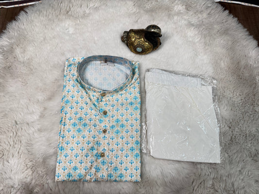 Lovely cotton embroidery sequin partywear mens kurta set with white pant. Available in size Small 36 / Medium 38/Large 40