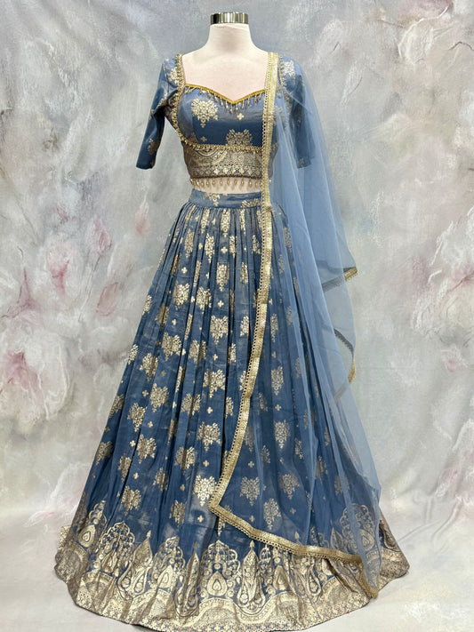 😍Steal the spotlight in this breathtaking blue wedding & partywear lehenga, adorned with intricate golden zari work. Timeless elegance crafted for your special moments😍. Fits size 40 to 42