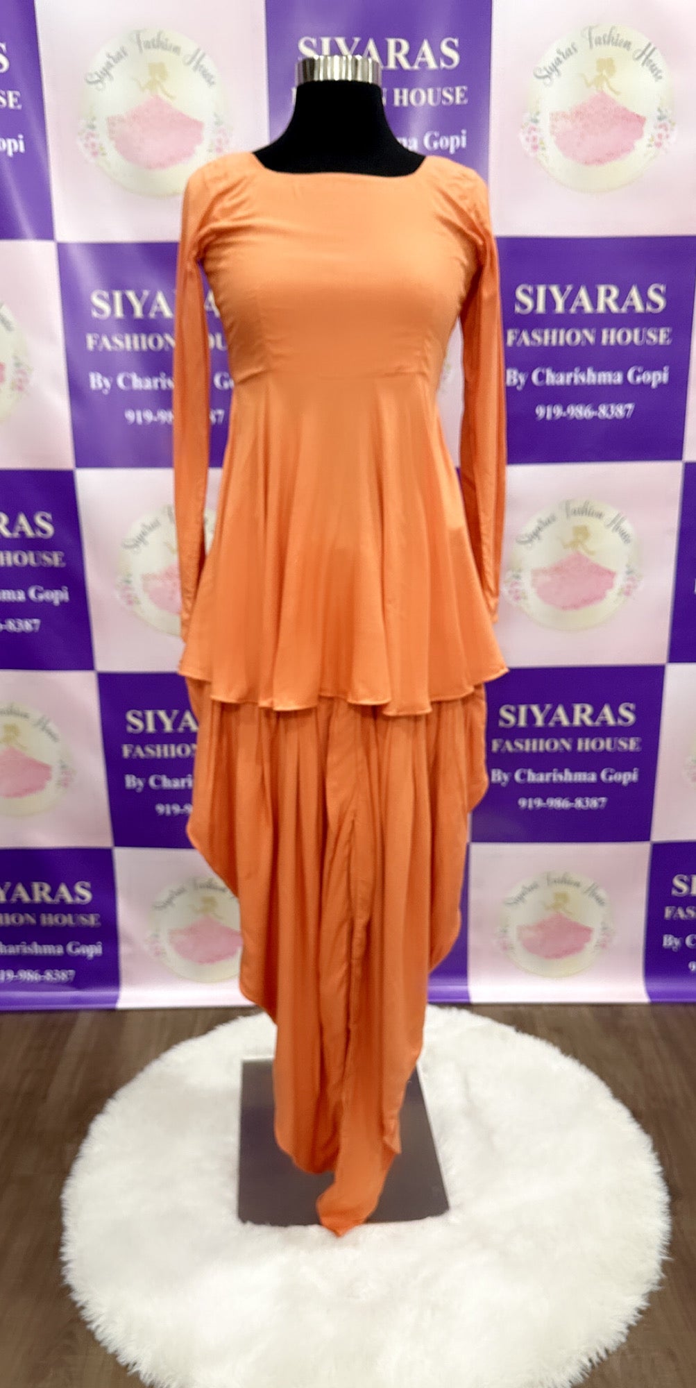 Elegant Orange/Salmon Pink Dhoti Style Dress with peplum top and Kalamkari Jacket