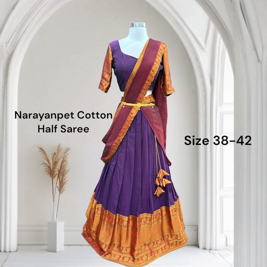 Traditional customized narayanpet cotton half saree , langa voni brinjal Color and maroon red color combo size 38 to 42