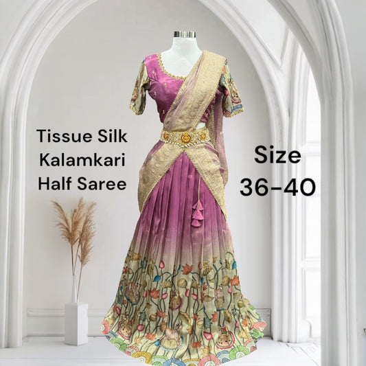 Tissue Silk Kalamkari Half Saree with hand work blouse.
Perfect for weddings, festivals, or just making a royal statement!
Available in Size: 36–40