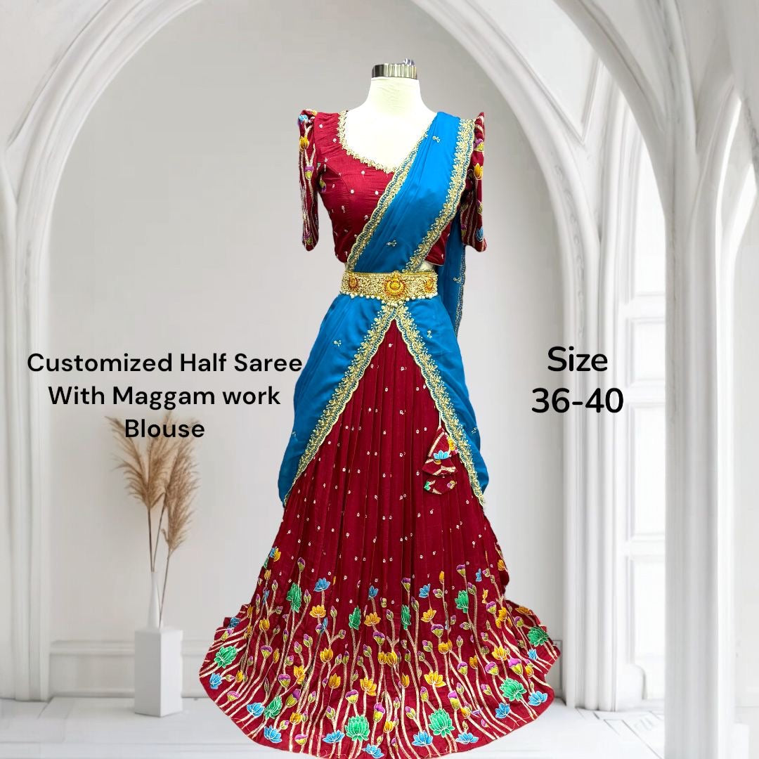 This stunning customized Kalamkari all-over work Half Saree / Langa Voni is crafted to perfection with vibrant sequence embroidery work and elegant detailing designed Maggam work blouse (Size 36–40)