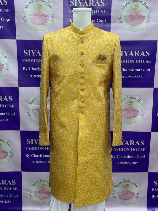 Elegant Men’s Sherwani customized outfit size 44 in banrasi brocade fabric with white pant for wedding, Reception , Sangeet Partywear dress