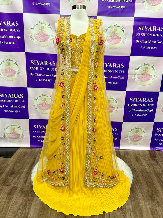 Beautiful partywear / Haldi outfit. Drape style lehenga with jacket. Available in size 38