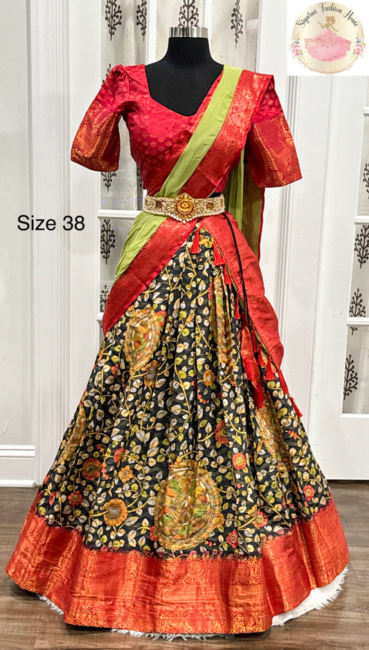 Beautiful Kalamkari Half Saree/ Langa Voni/ Lehanga for teens in Banarasi silk fabric