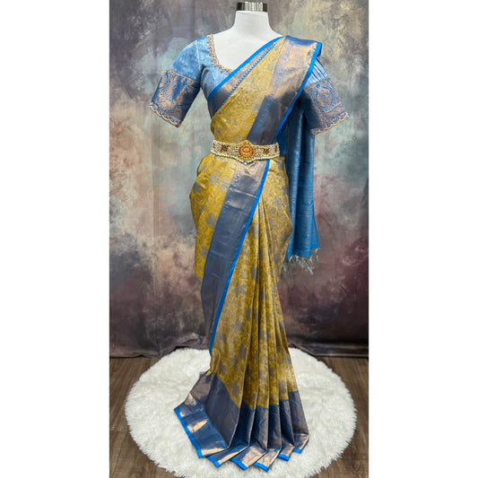 Beautiful Kanchi pattu saree in blue and lemon yellow combo. Available in size 36 to 40