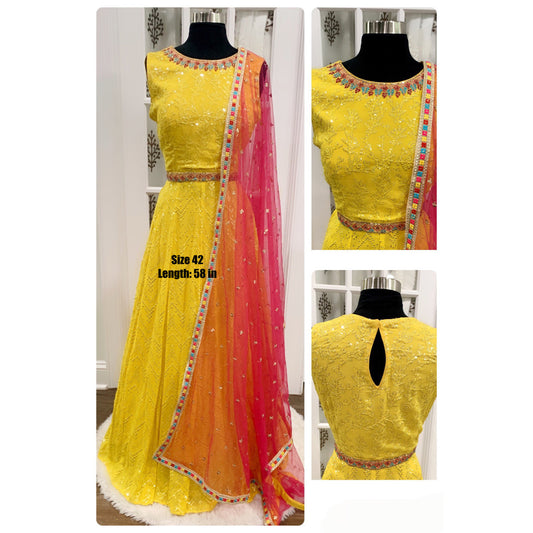 Beautiful Premium quality Georgette yellow Color Long Gown with contrast Dupatta size 42 length 58 in for Haldi / Partywear Outfit
