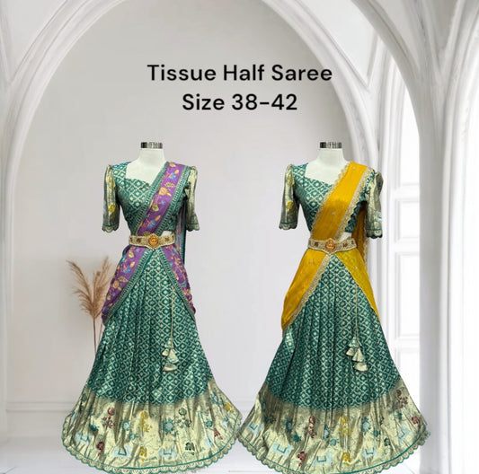 Tissue Half saree with kalamkari dupatta pastel green color size available in size 38 traditional , wedding dress