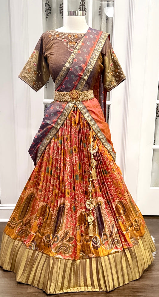 Pure Silk Kalamkari Langa Voni Half Saree with Maggam work blouse for Grand Wedding Wear or Half Saree function, Gift Half Saree size 44