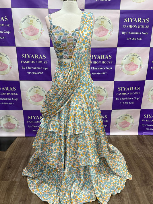 On sale Beautiful Designer Drape style saree. Ready to wear cocktail Saree Lehanga with stitched Blouse and Belt. Available in chest size 42 ( XL )