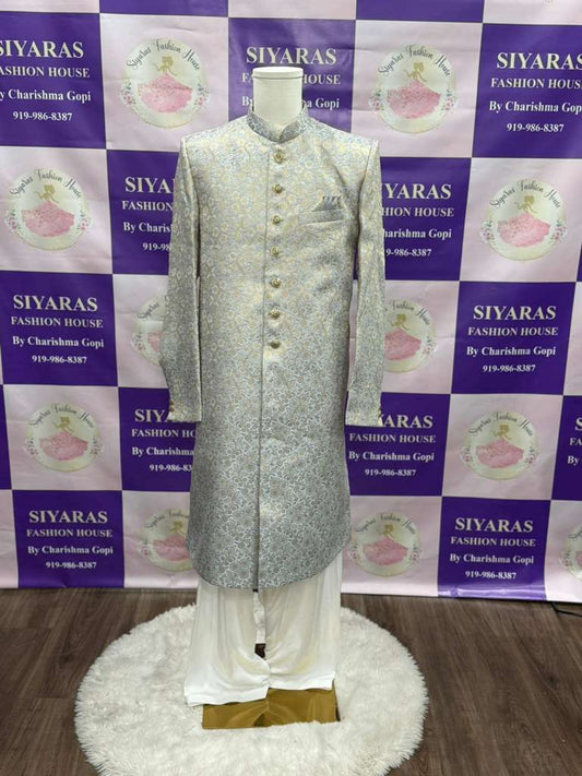 Elegant Men’s Sherwani customized outfit size 44 in banrasi brocade fabric with white pant for wedding, Reception , Sangeet Partywear dress