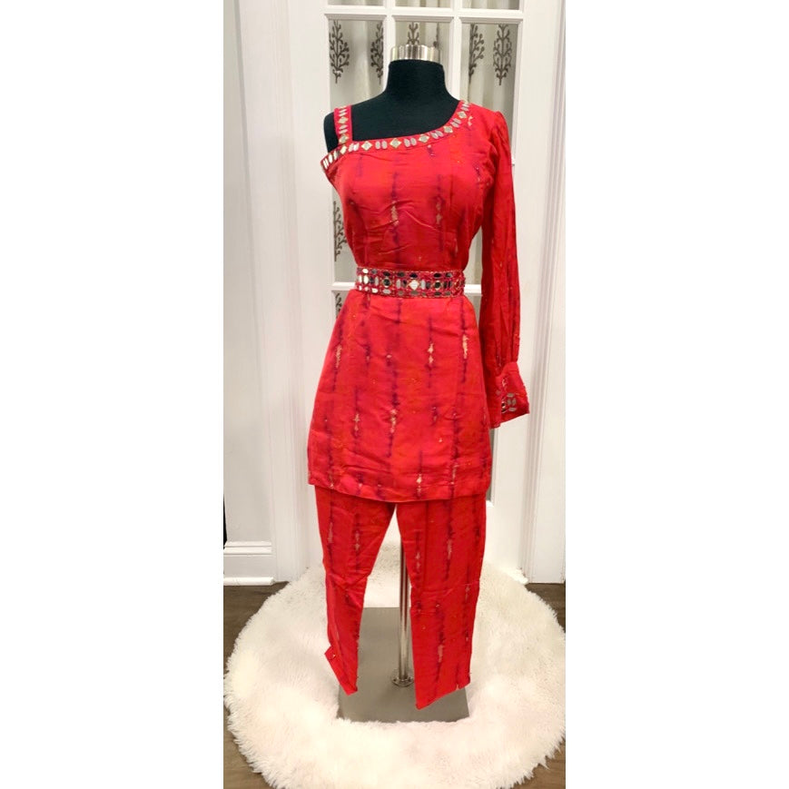 Beautiful red shibori design one shoulder full sleeve 3 pc set with intricate mirror work with waist belt