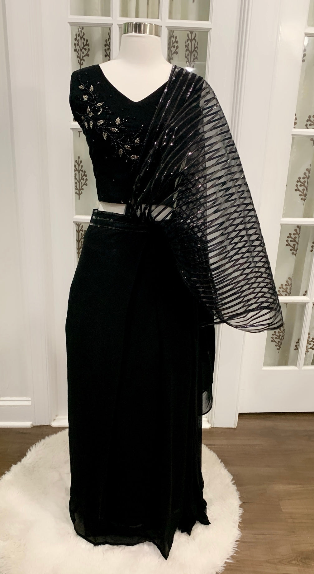 Black IndoWestern one min saree work Croptop with elaborate metallic drape style lehanga attached 2 piece set size 40