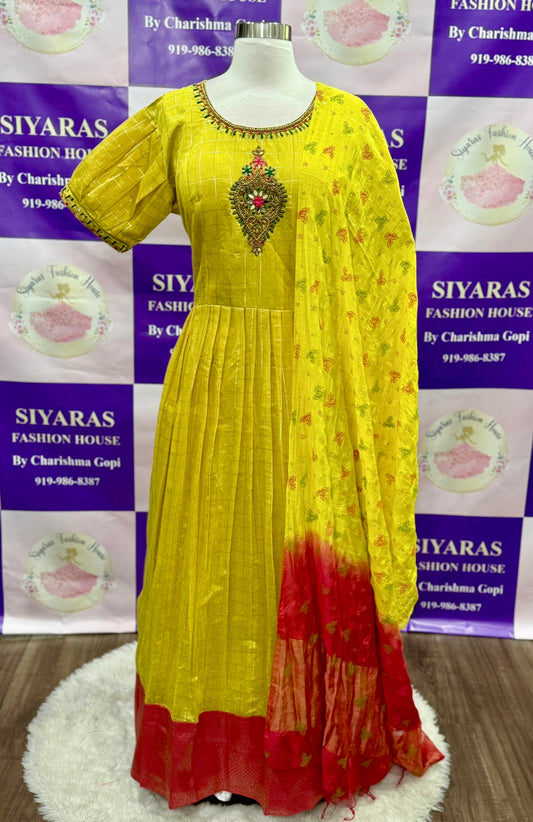 Elegant Festive Cotton Checks off white Long gown hand work in yoke, with dupatta and pant , Partywear Ready to ship USA XXL size 44