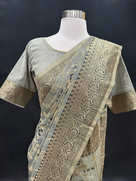 Beautiful Linen cotton saree perfect for festival, wedding wear. Available in size 42 to 44
