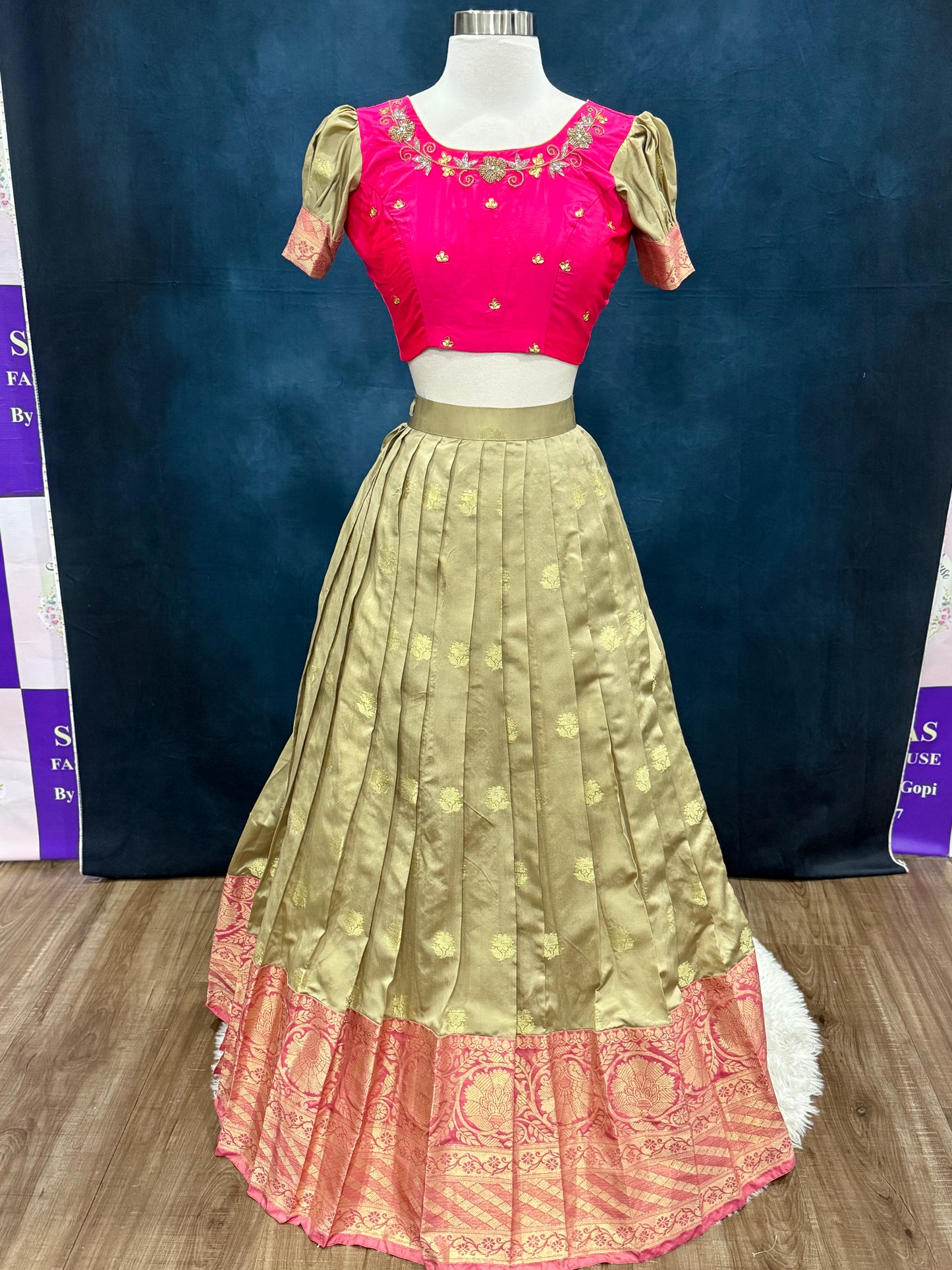 Teens Pattu Maggam work langa voni or Lehanga Pattu pavada in gold and pink hues with Banarasi dupatta ready to ship USA size 32