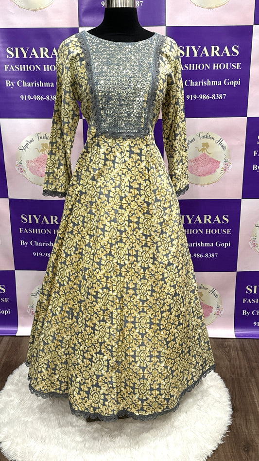 Chic long frock Comfortable summer maxi with print embroidery and sequence in yoke Ready to ship USA size 42 in