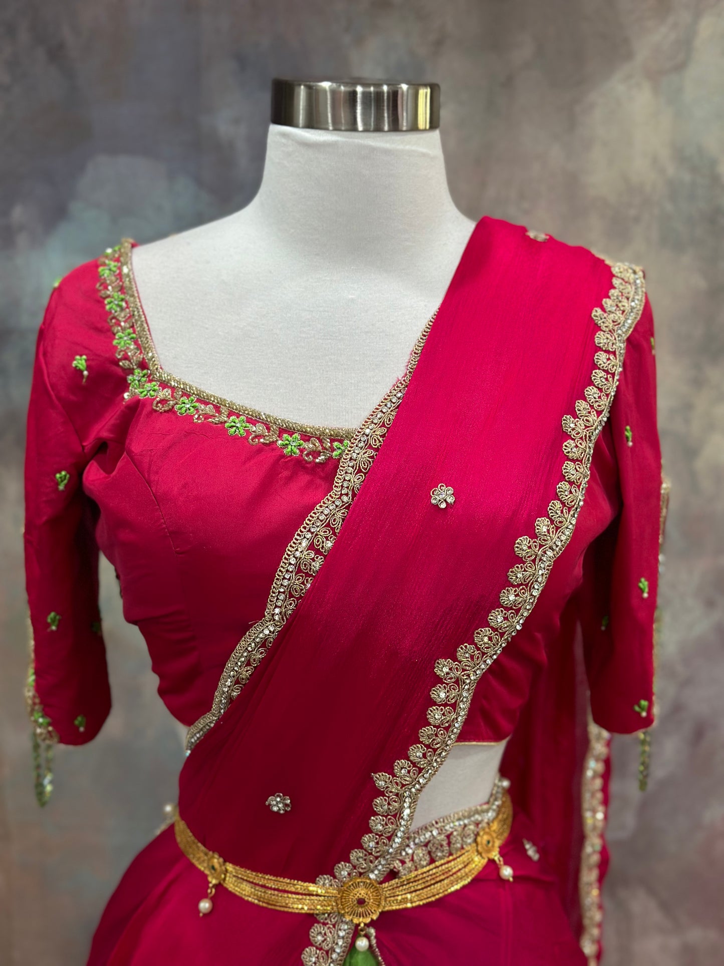 Beautiful Tissue Half saree / langa voni with designer maggam work stitched blouse (v cut on hands) size 36 to 40 ready to ship USA
