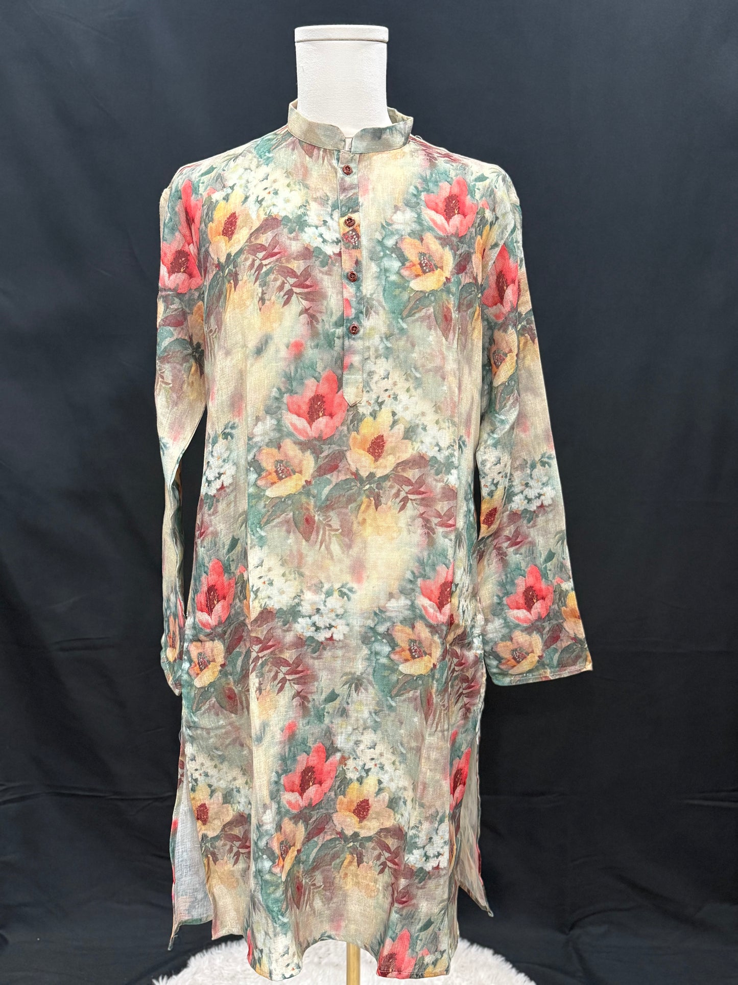 Beautiful floral print Men’s linen kurta with white pyjama set wedding Partywear dress | men’s pastel | ready to ship from USA